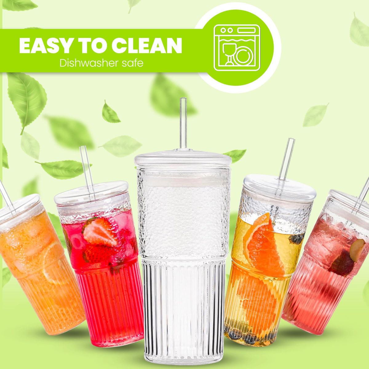 Clear 22 oz Glass Cup with Lid and Straw A4496
