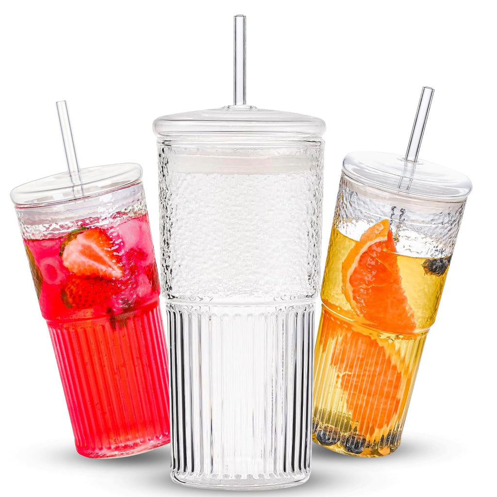 Clear 22 oz Glass Cup with Lid and Straw A4496