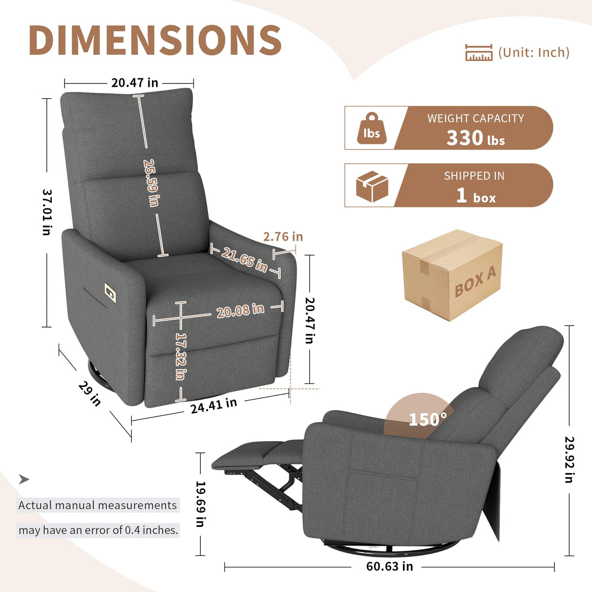 Dark Gray Velvet Swivel Recliner Chair Y768020
