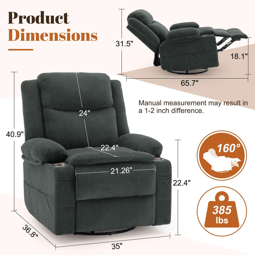 Gray Swivel Rocker Recliner with Massage & Heat M763