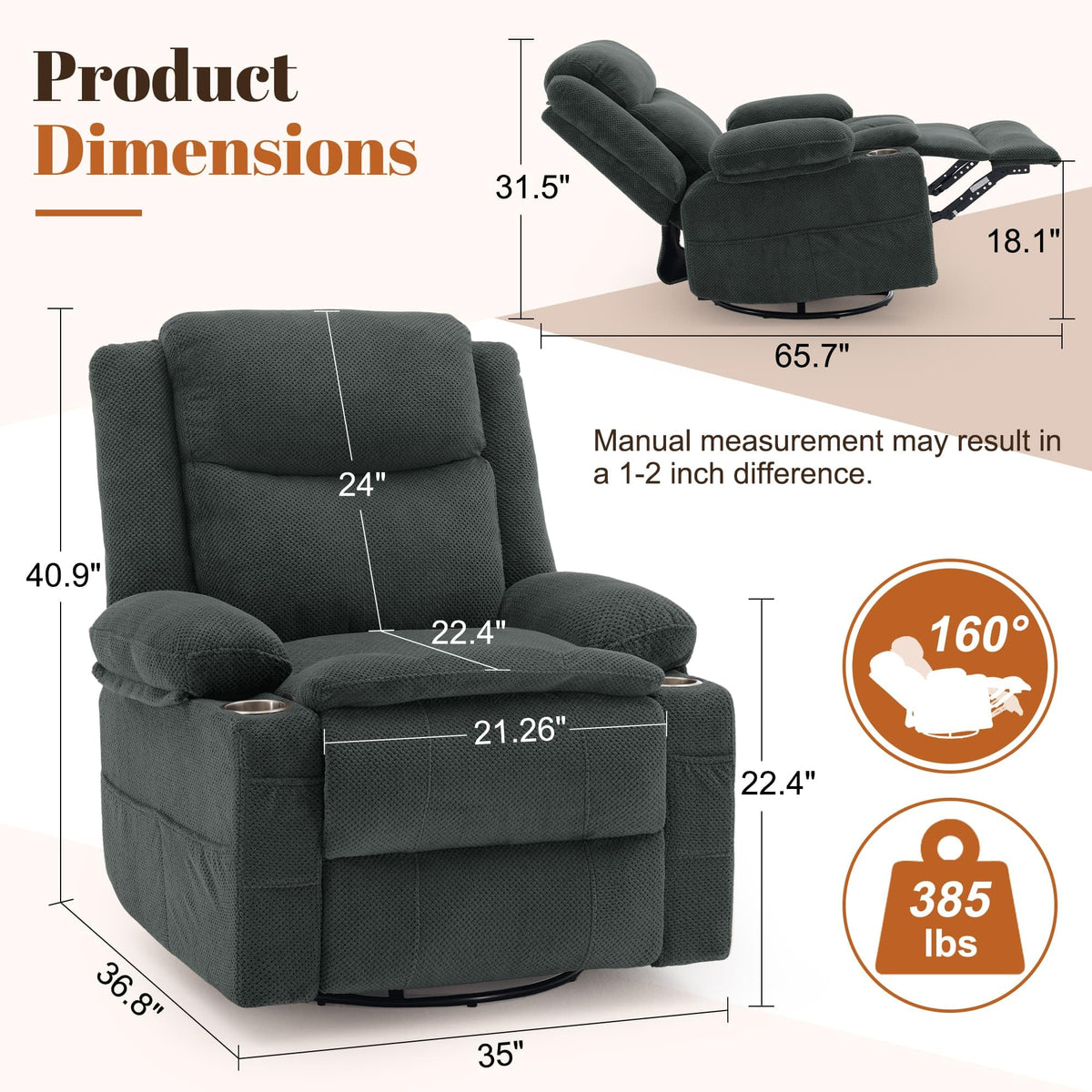 Gray Swivel Rocker Recliner with Massage & Heat M763