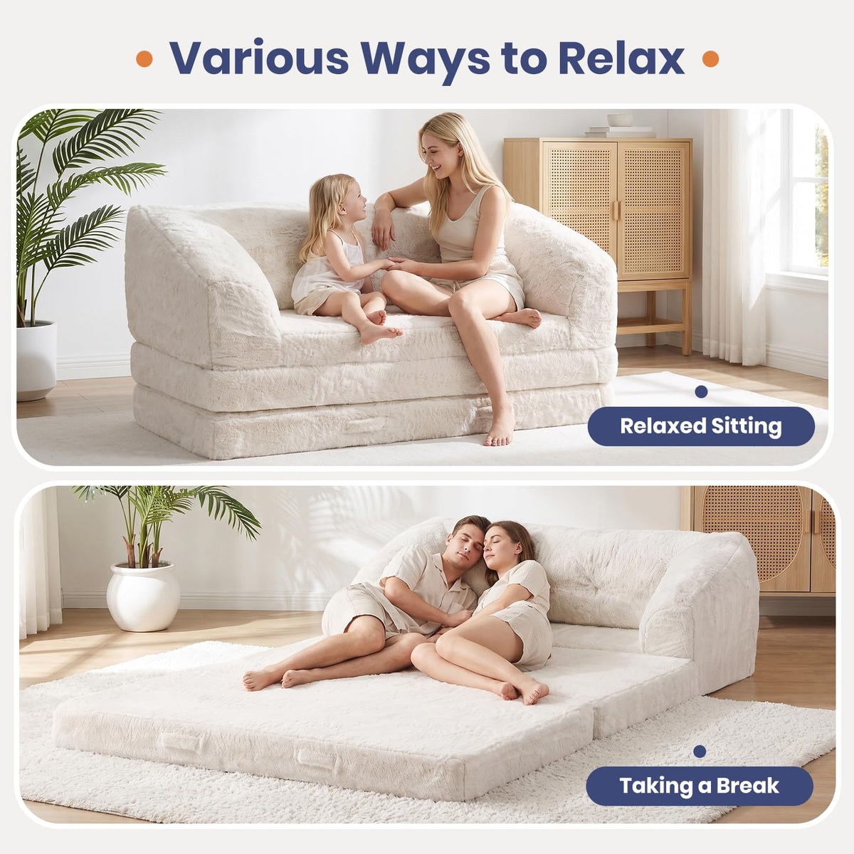 Convertible Folding Sofa Bed, 2 in 1 Portable Floor Couch & Foam Mattress with Handle, Space-Saving Faux Fur Futon Chair for Living Room, Bedroom, Guest Room (Loveseat, Beige) Q786