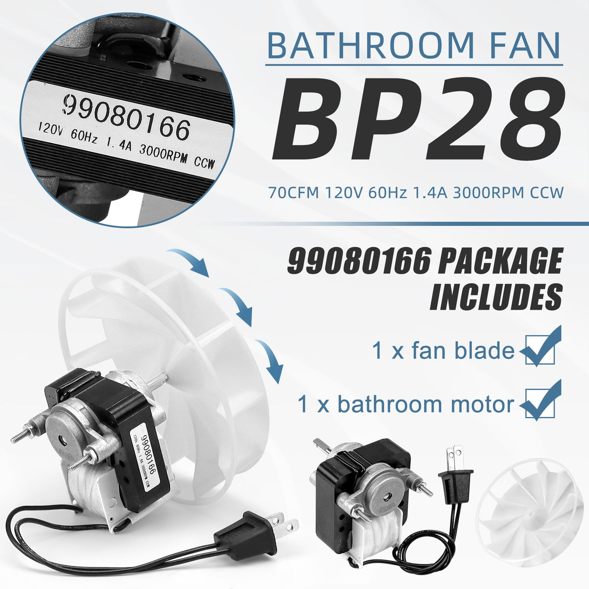 Bathroom Vent Bath Fan Motor Kit Replacement 70cfm 1.4 Amp 120V X468