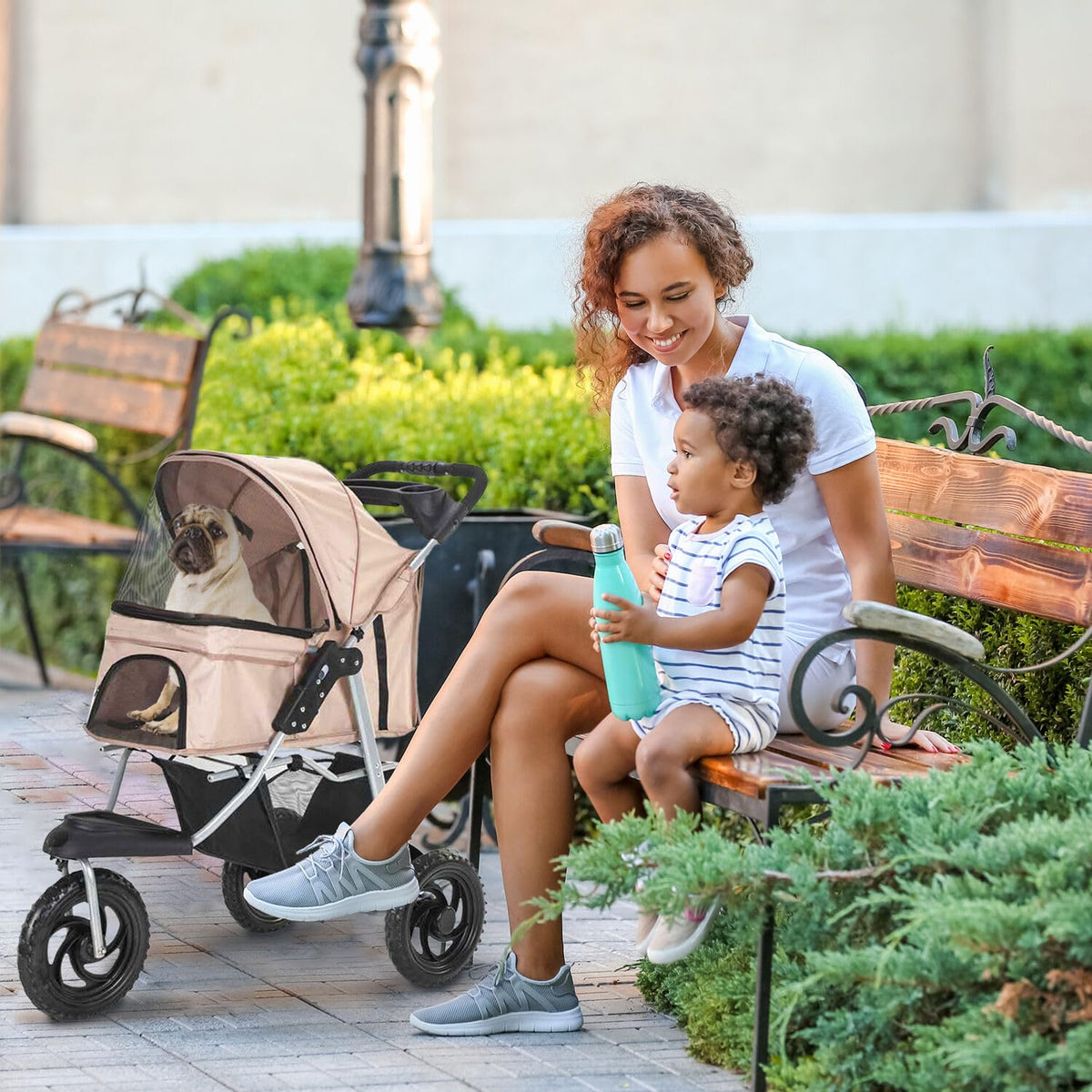 3-Wheel Dog Stroller with Storage Basket and Cup Holders, Tan Q355