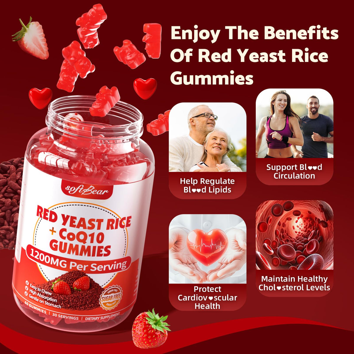 Sugar Free Red Yeast Rice with CoQ10 1200mg Strawberry Flavor 120 Count J12289