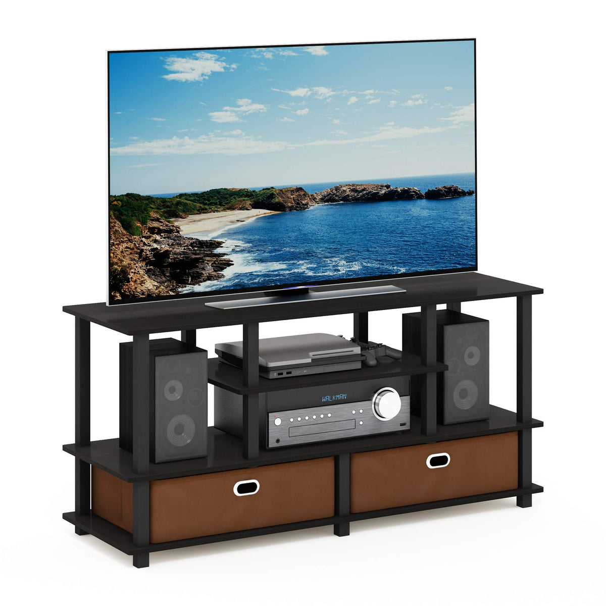 Black Espresso 4-Tier TV Stand with 2 Storage Bins Y69782