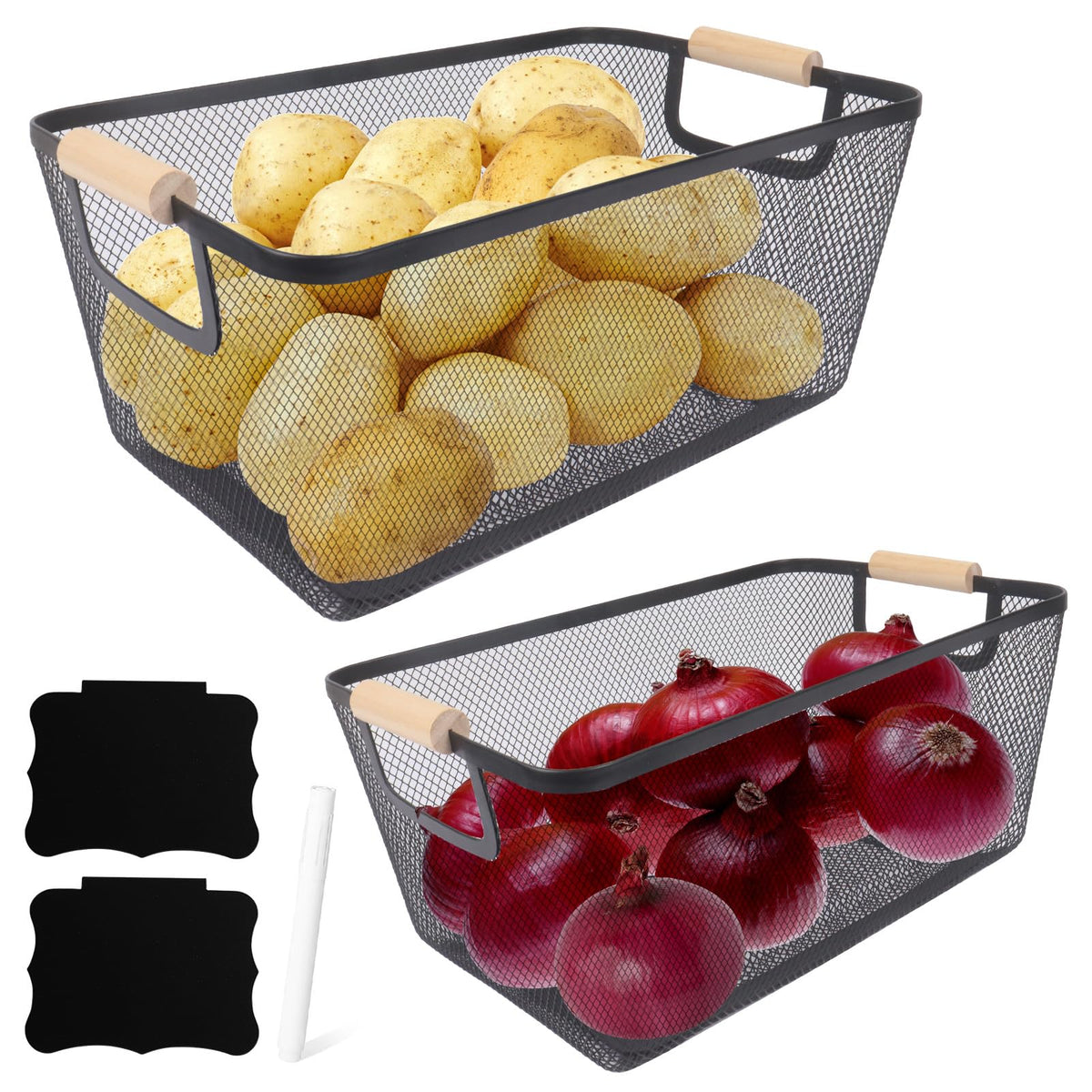 Potato and Onion Storage Bin, 2 Set Metal Mesh Baskets with Wooden Handle R4547