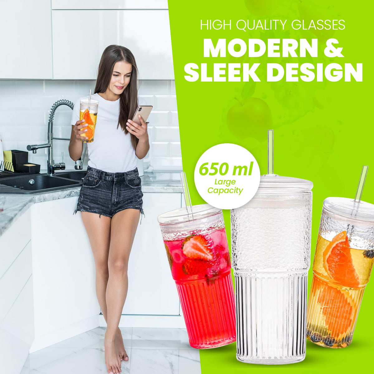 Clear 22 oz Glass Cup with Lid and Straw A4496