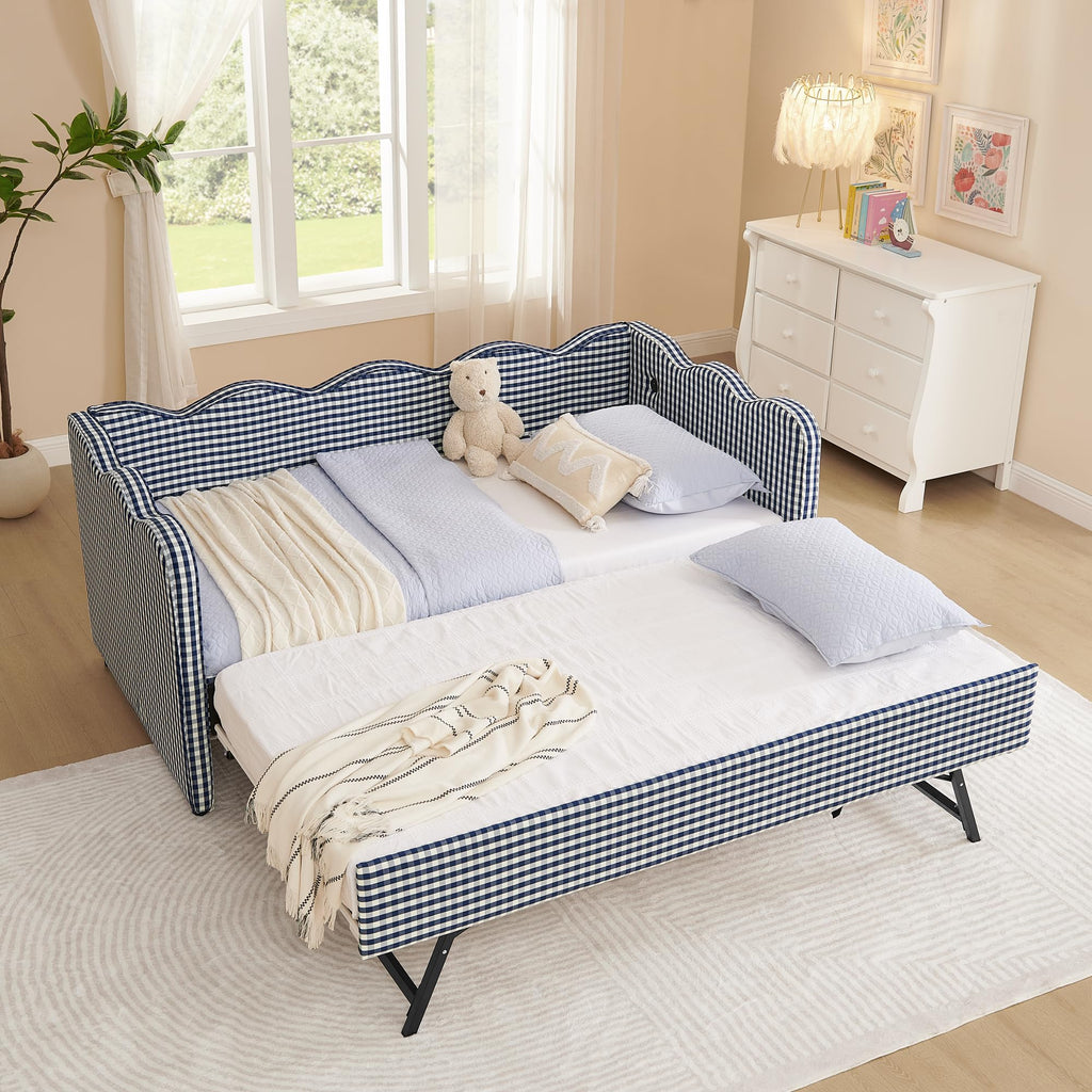 Navy Gingham Linen Upholstered Twin Size Daybed with Trundle C16775