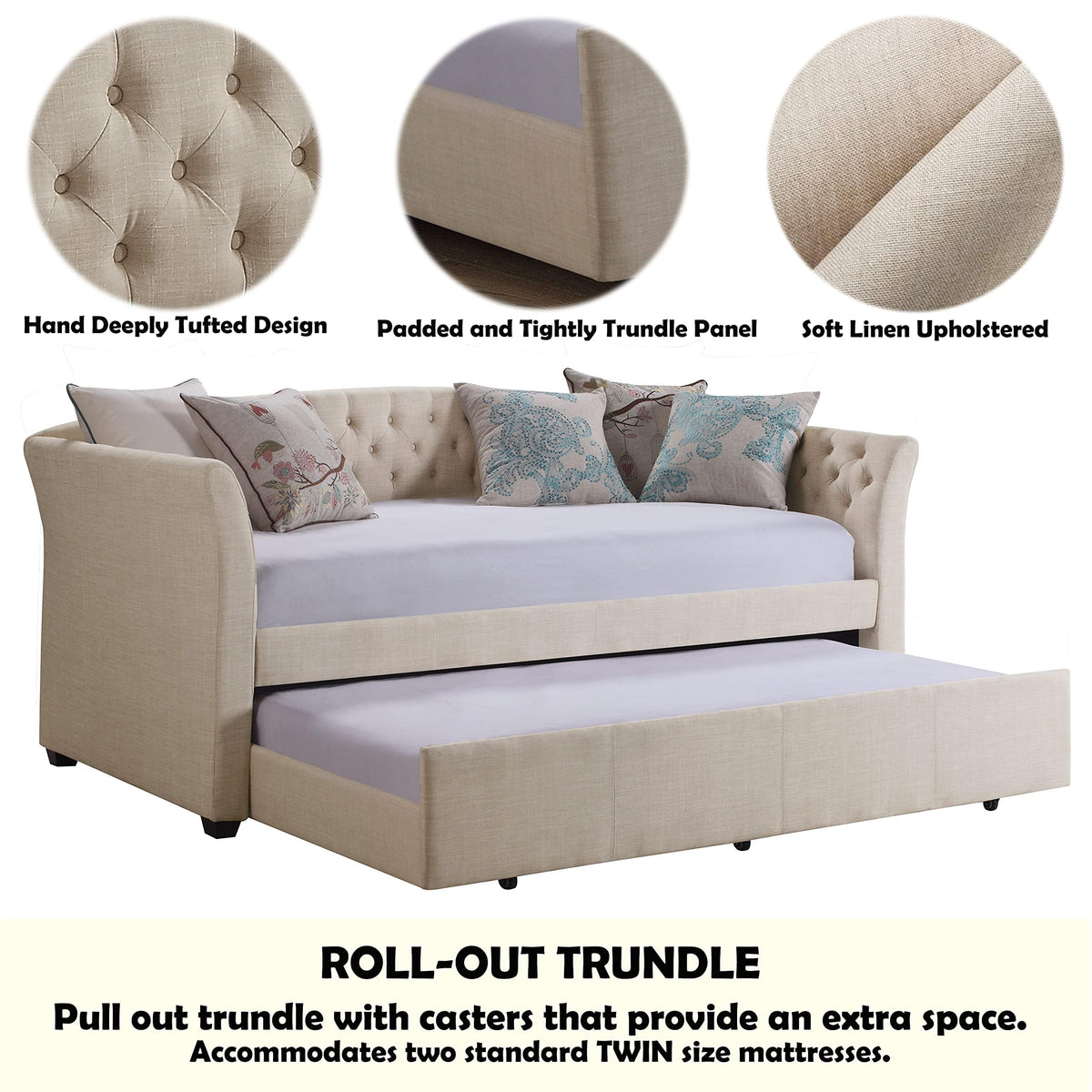 Beige Velvet Tufted Upholstered Twin Daybed with Trundle Y24543