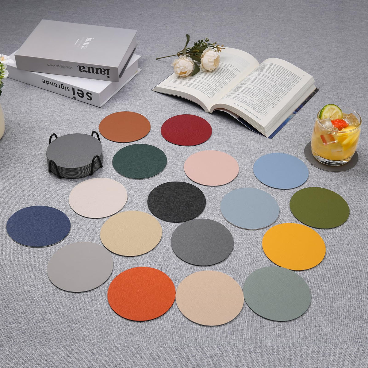 Faux Leather Drink Coasters with Holder, Set of 12 P4669