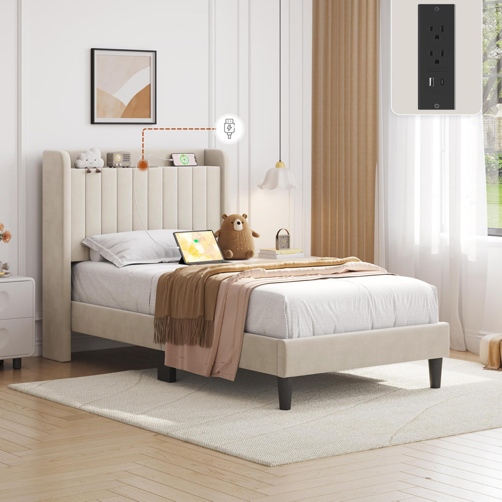 Twin Bed Frame with Storage Headboard V9826