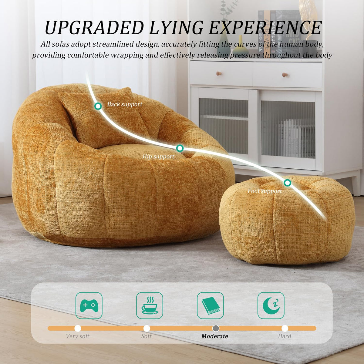 Yellow Chenille Bean Bag Chair with Ottoman and Pillow A7875