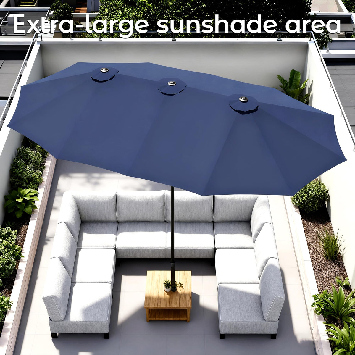 15ft Navy Blue Double-Sided Patio Umbrella with Base S7875