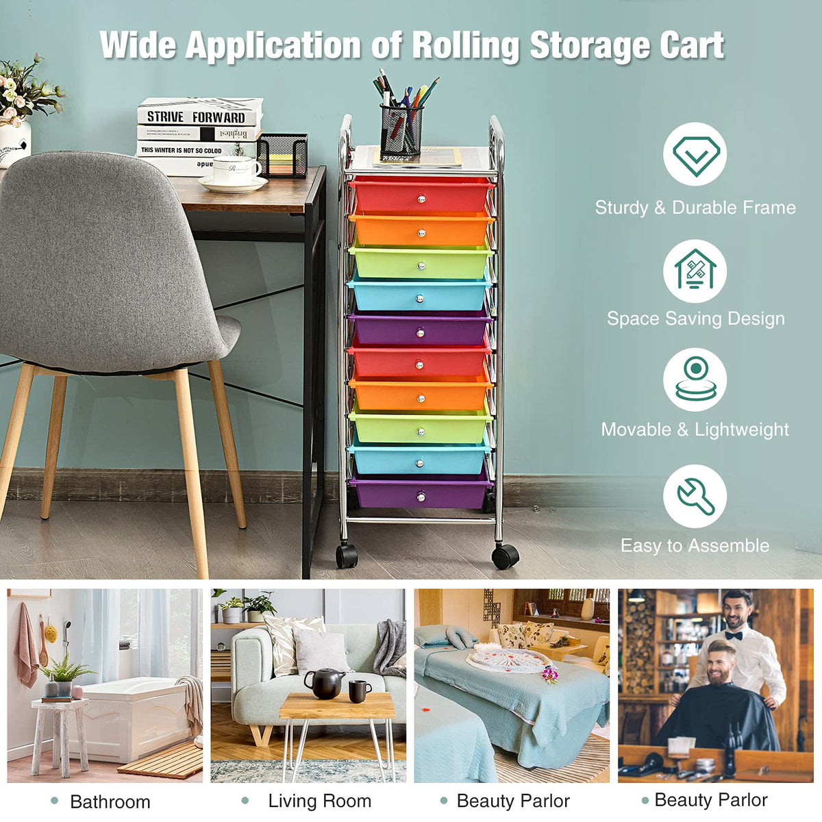 10 Drawer Rolling Cart with Lockable Wheels X48328