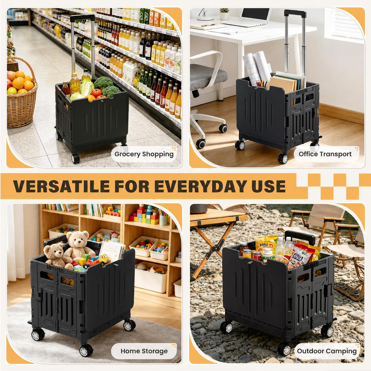 Black Folding Rolling Utility Cart O9802