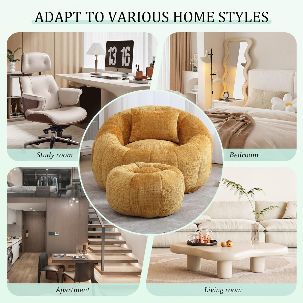 Yellow Chenille Bean Bag Chair with Ottoman and Pillow A7875