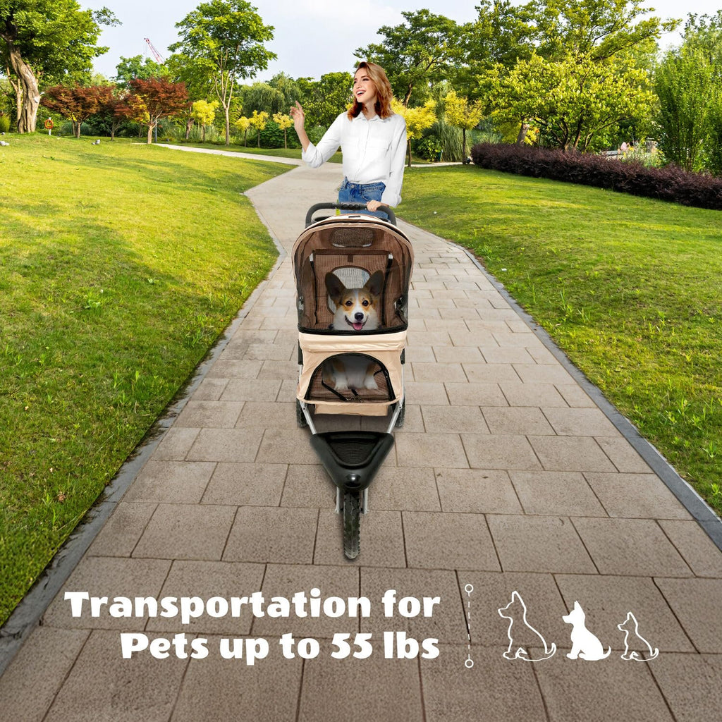 3-Wheel Dog Stroller with Storage Basket and Cup Holders, Tan Q355