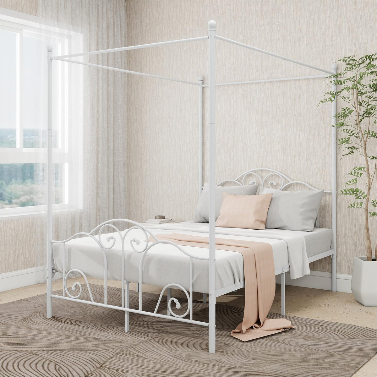 Metal Canopy Bed Frame Full Size with Headboard & Footboard U44247
