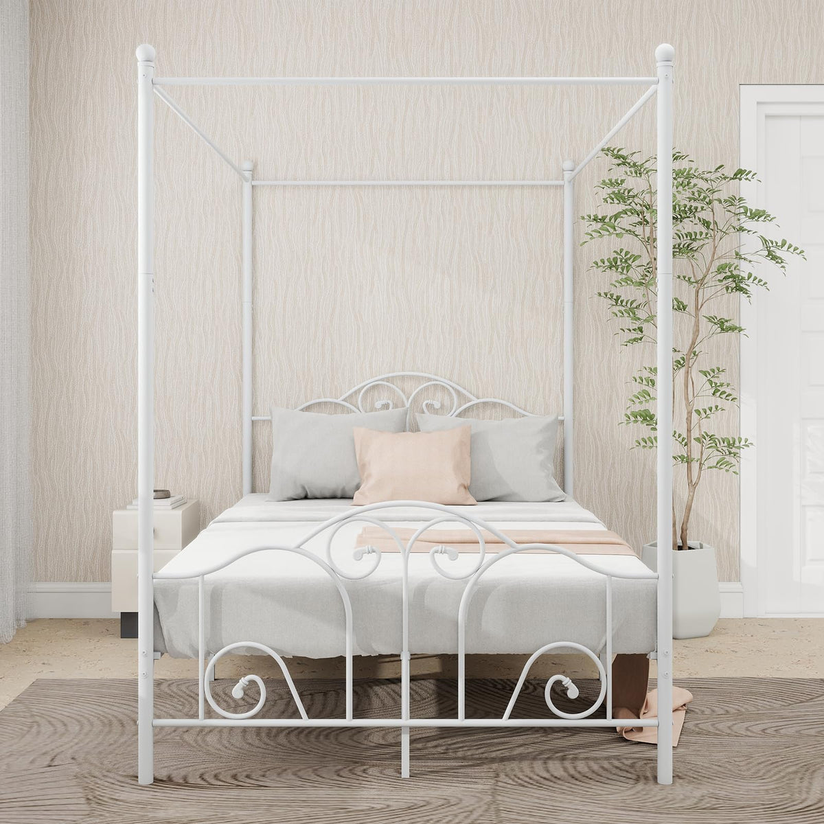 Metal Canopy Bed Frame Full Size with Headboard & Footboard U44247