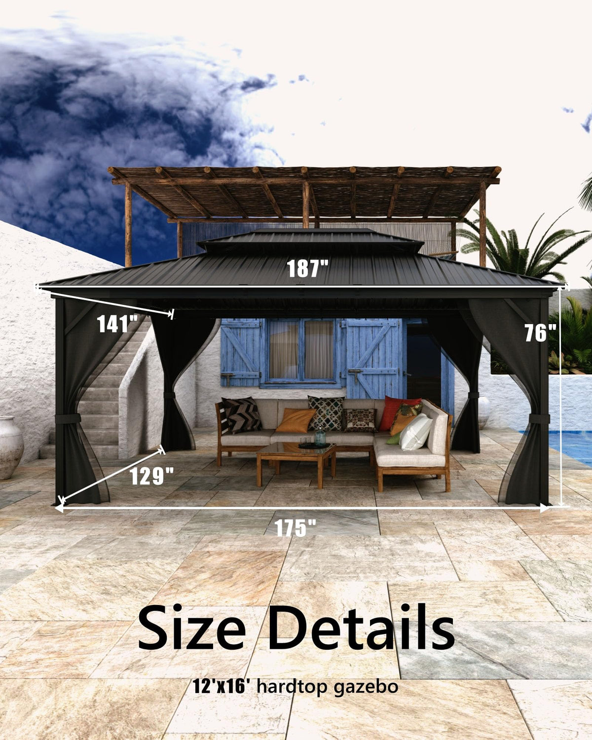 Hardtop Gazebo 12x16 ft with Double Metal Roof, Net, and Curtain H786626