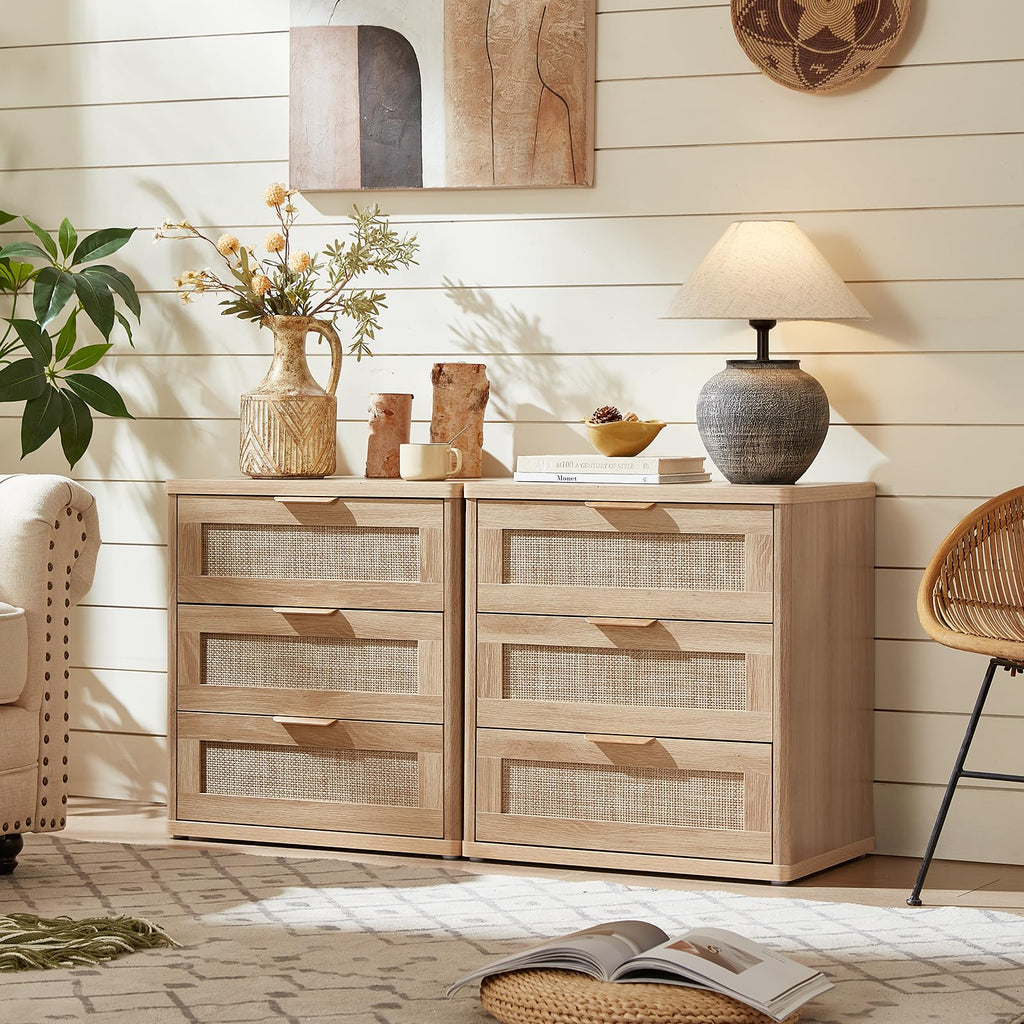 Rattan 23" Nightstands Set of 2 with Drawers N3612