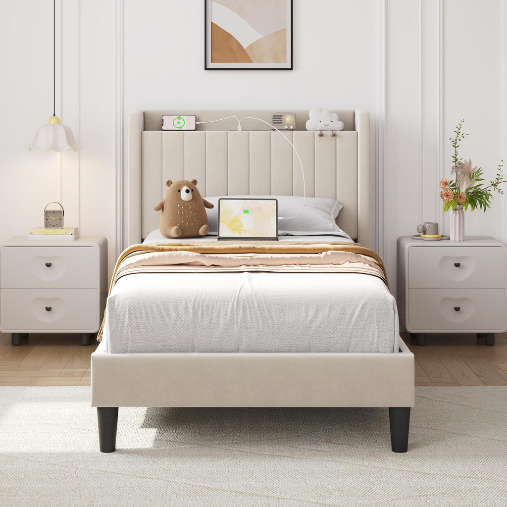 Twin Bed Frame with Storage Headboard V9826