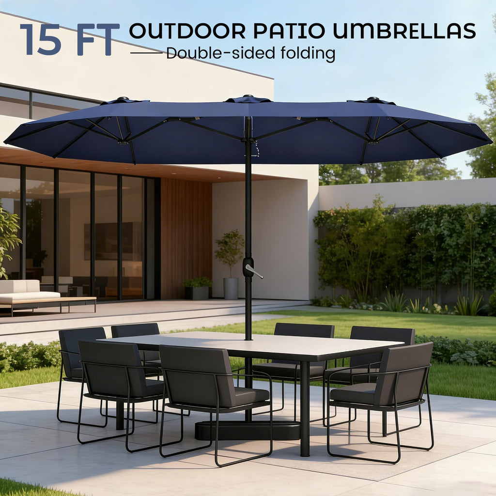 15ft Navy Blue Double-Sided Patio Umbrella with Base S7875
