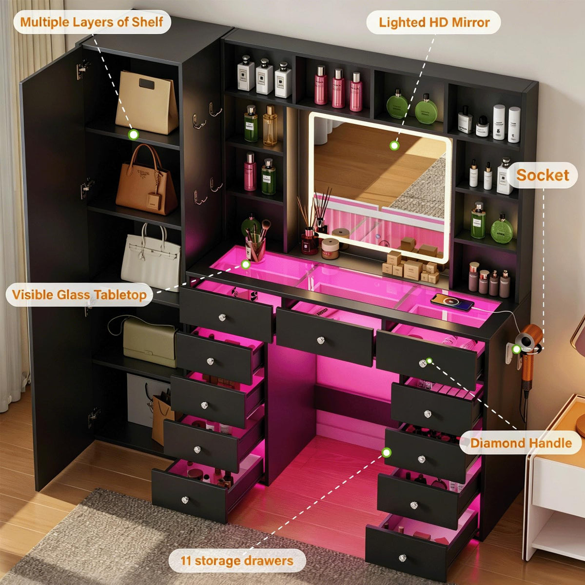 Full Length Mirror Vanity Desk with LED Mirror and 11 Drawers Q5892