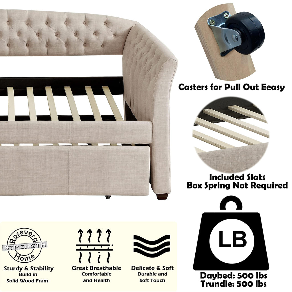 Beige Velvet Tufted Upholstered Twin Daybed with Trundle Y24543