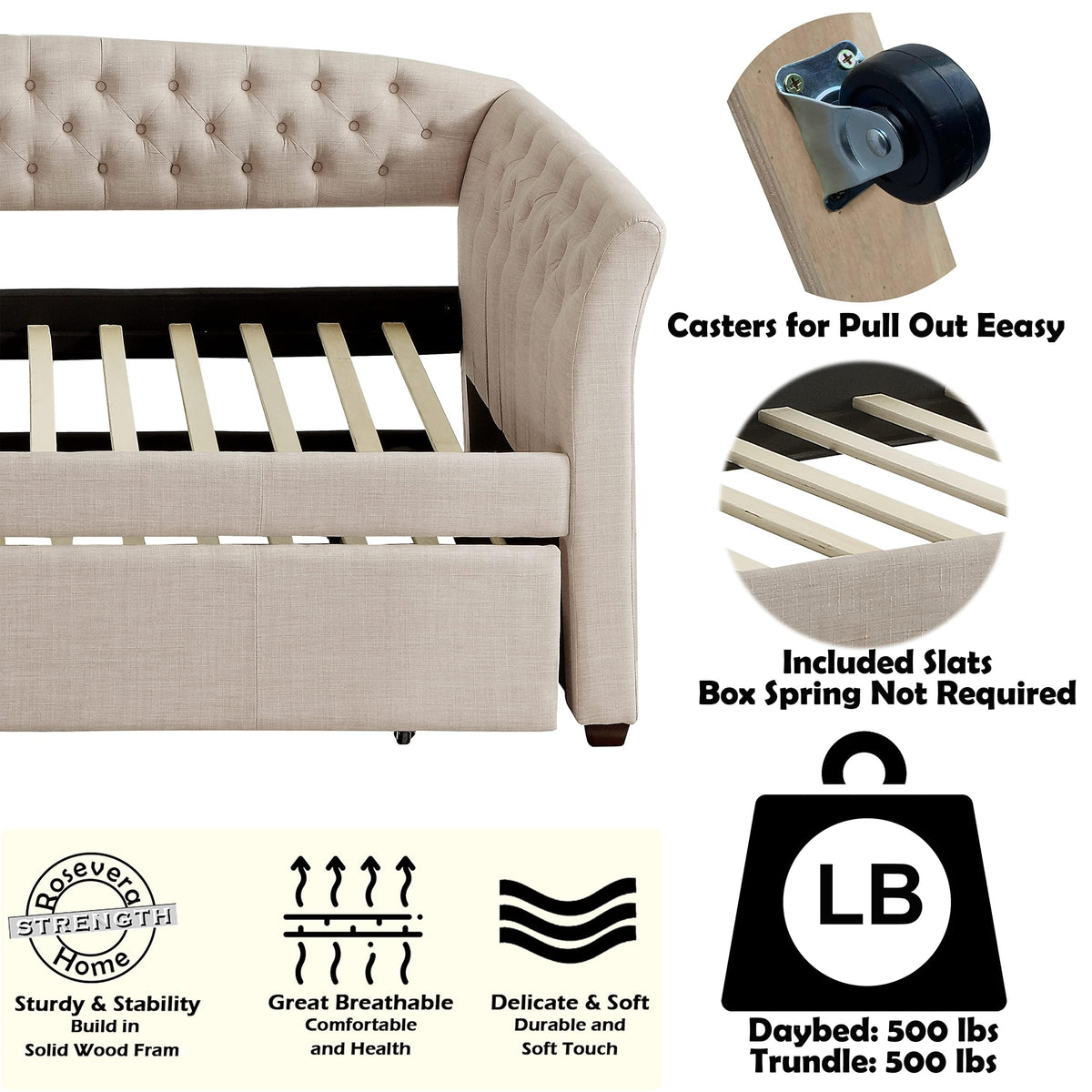Beige Velvet Tufted Upholstered Twin Daybed with Trundle Y24543