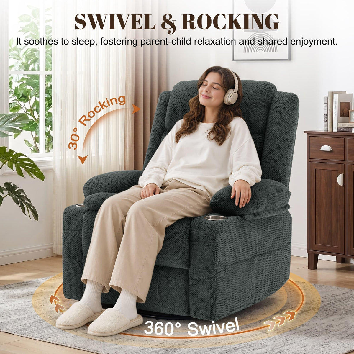 Gray Swivel Rocker Recliner with Massage & Heat M763