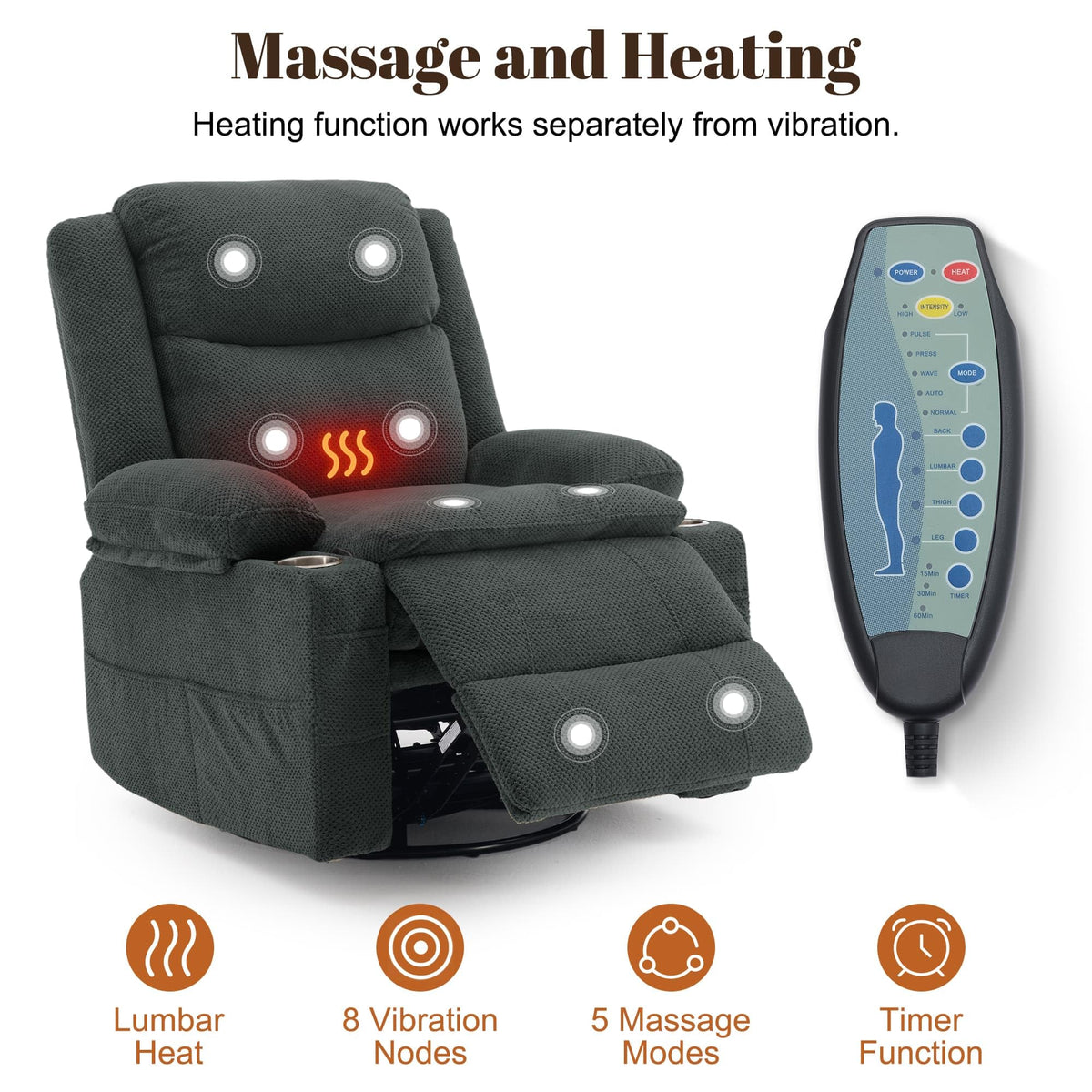 Gray Swivel Rocker Recliner with Massage & Heat M763
