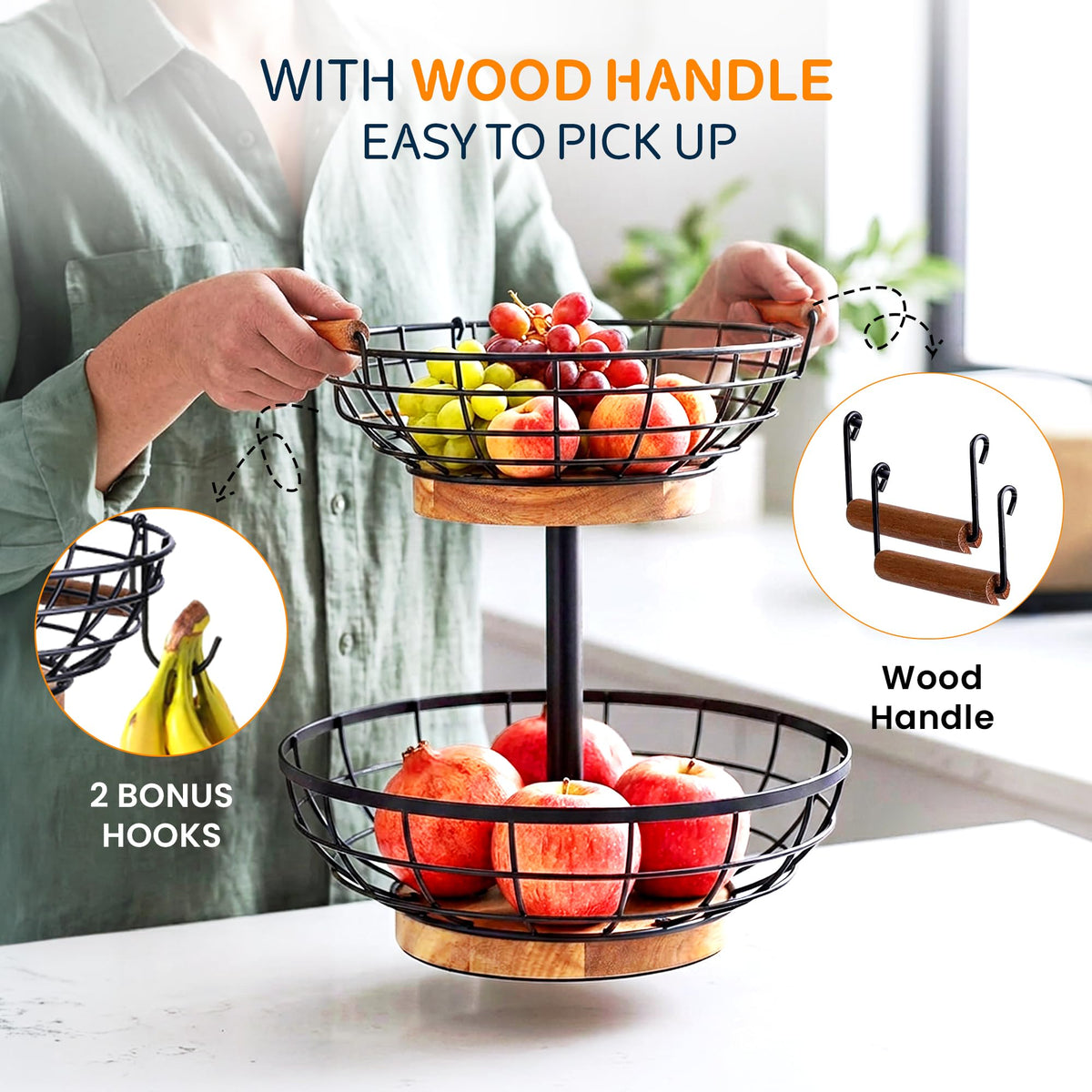 2 Tier Metal Fruit Basket with Banana Hanger I7448
