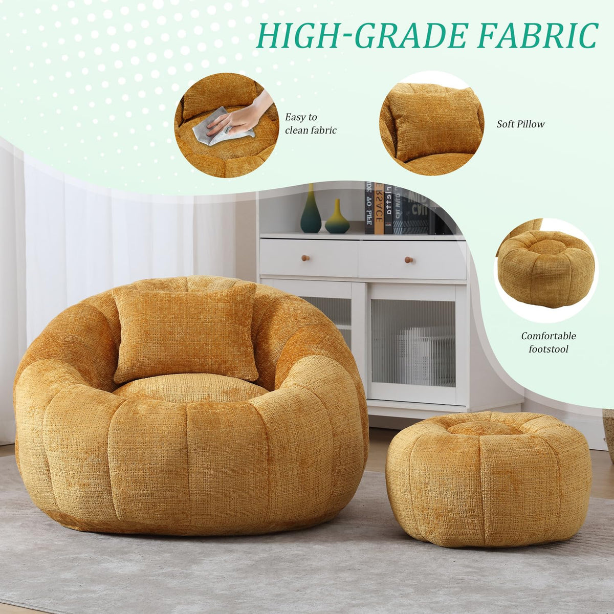 Yellow Chenille Bean Bag Chair with Ottoman and Pillow A7875