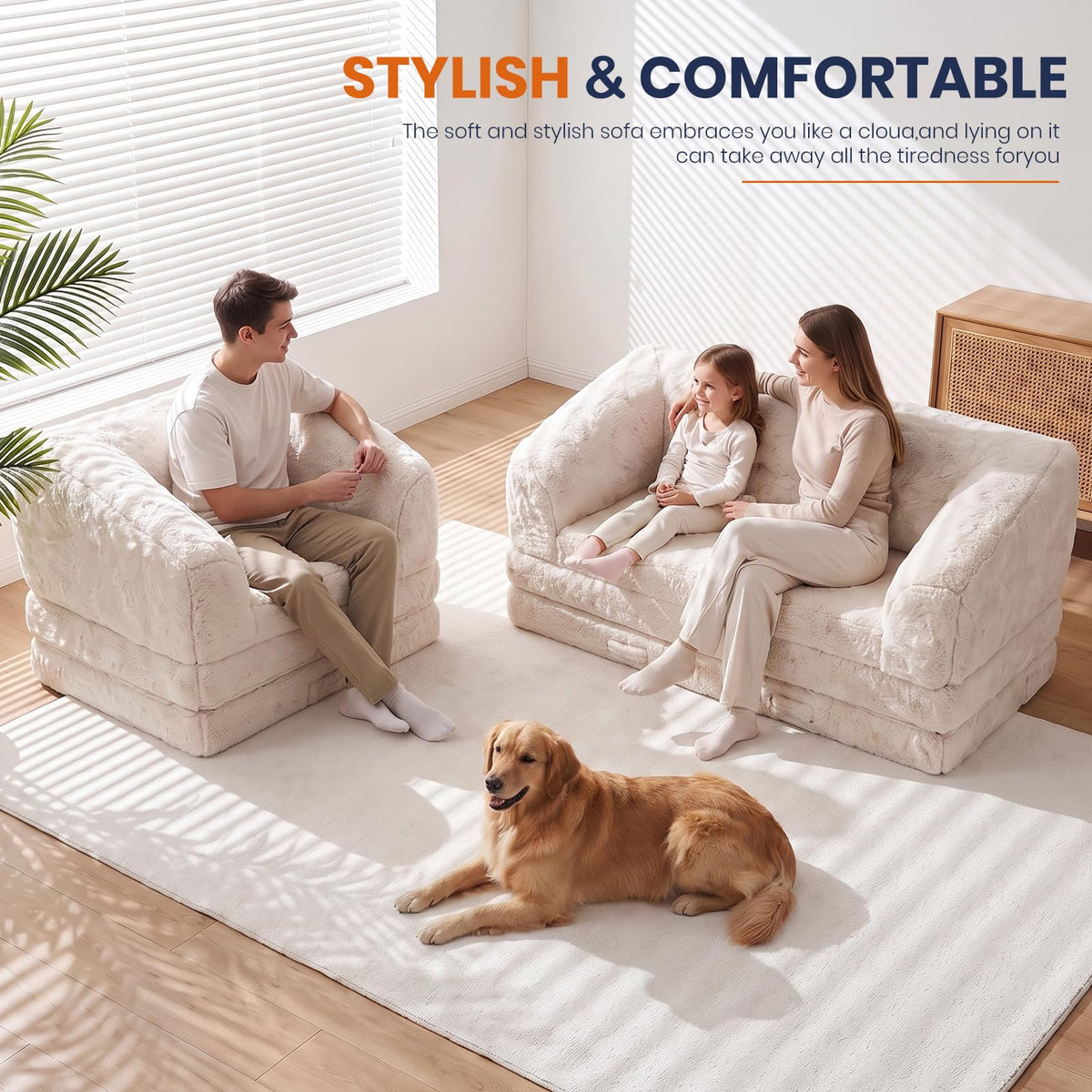 Convertible Folding Sofa Bed, 2 in 1 Portable Floor Couch & Foam Mattress with Handle, Space-Saving Faux Fur Futon Chair for Living Room, Bedroom, Guest Room (Loveseat, Beige) Q786