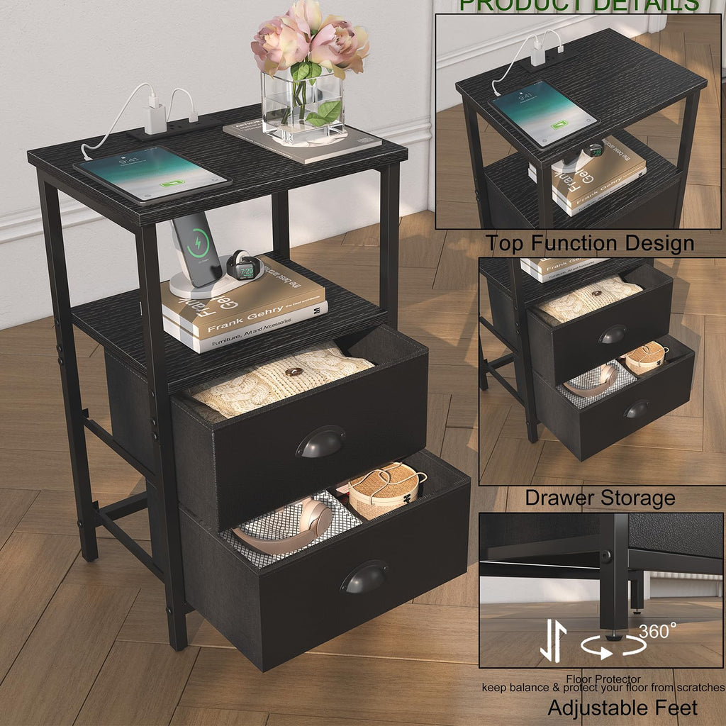 Black Nightstand with Charging Station and 2 Fabric Drawers S3950