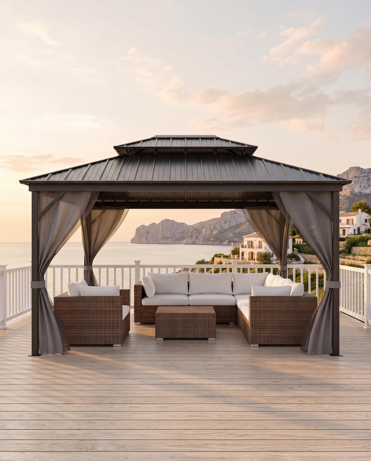 Hardtop Gazebo 12x16 ft with Double Metal Roof, Net, and Curtain H786626