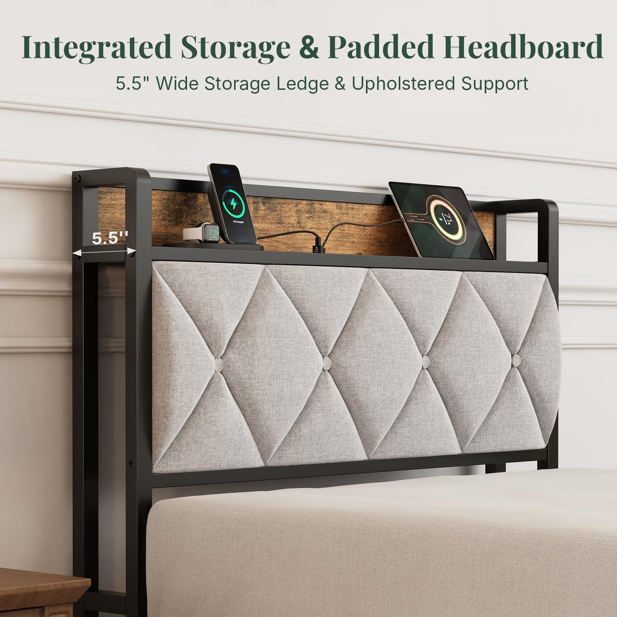Twin Bed Frame with Headboard and Charging Plug J939627