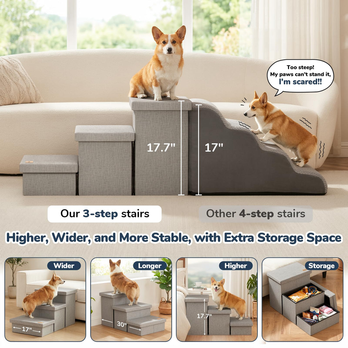 Light Grey Dog Stairs with Storage W224653