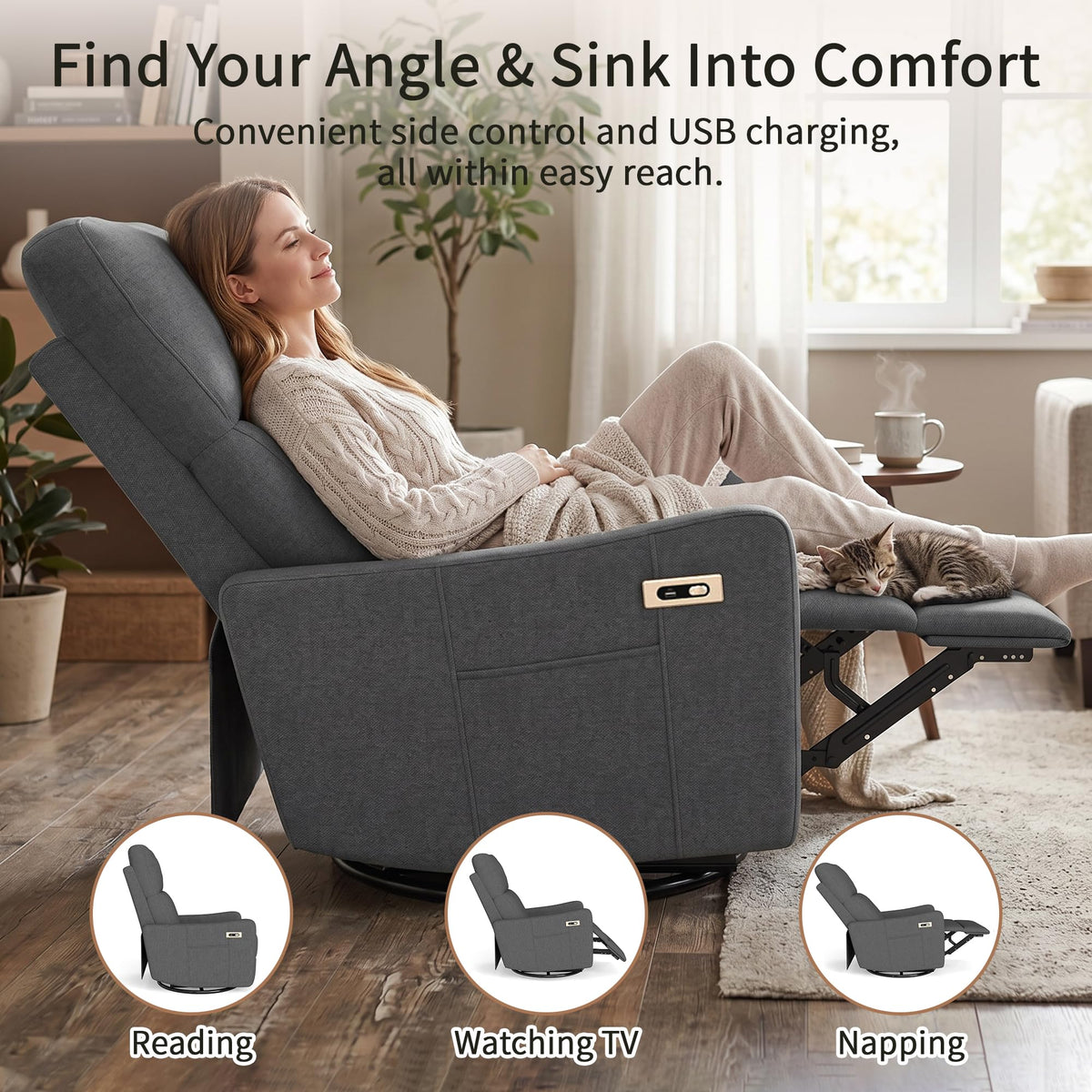 Dark Gray Velvet Swivel Recliner Chair Y768020