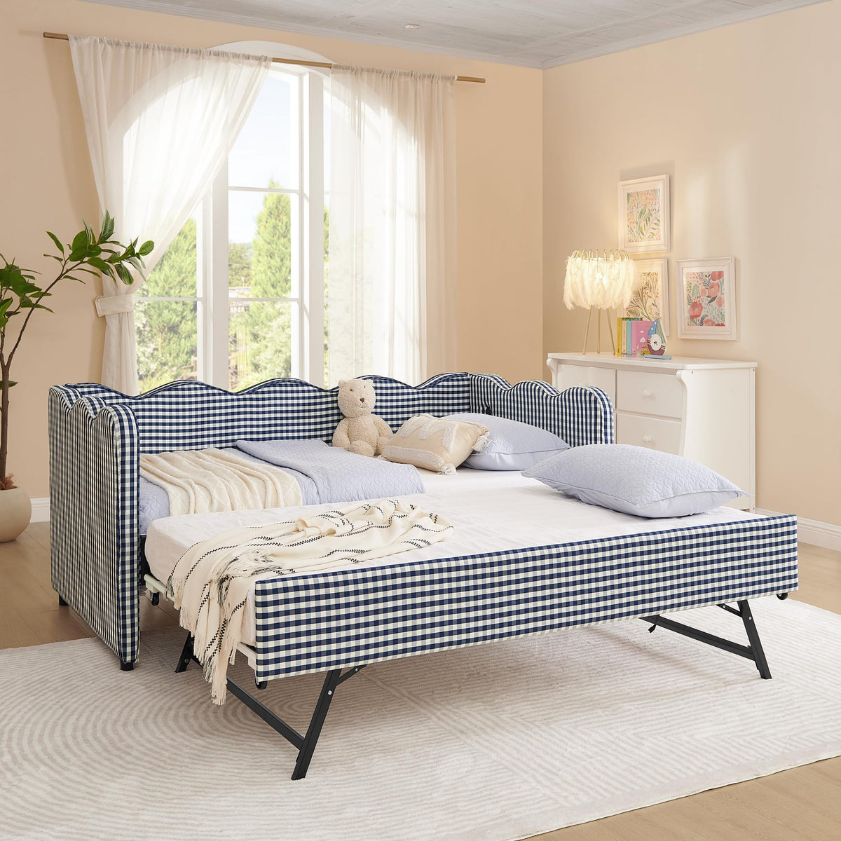 Navy Gingham Linen Upholstered Twin Size Daybed with Trundle C16775