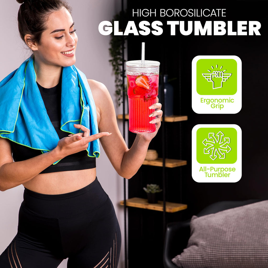 Clear 22 oz Glass Cup with Lid and Straw A4496