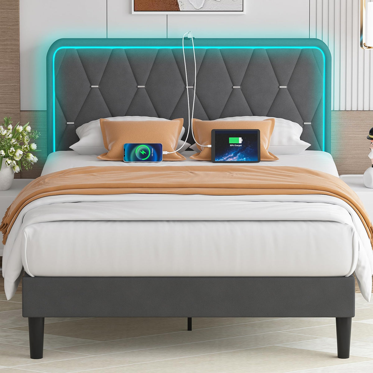 Dark Grey Velvet Upholstered Queen Bed Frame with Headboard I4361