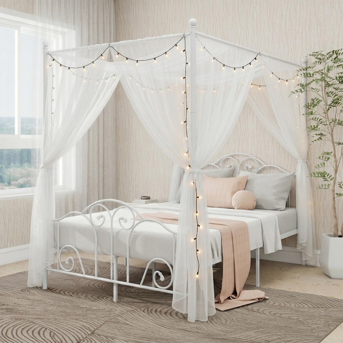 Metal Canopy Bed Frame Full Size with Headboard & Footboard U44247