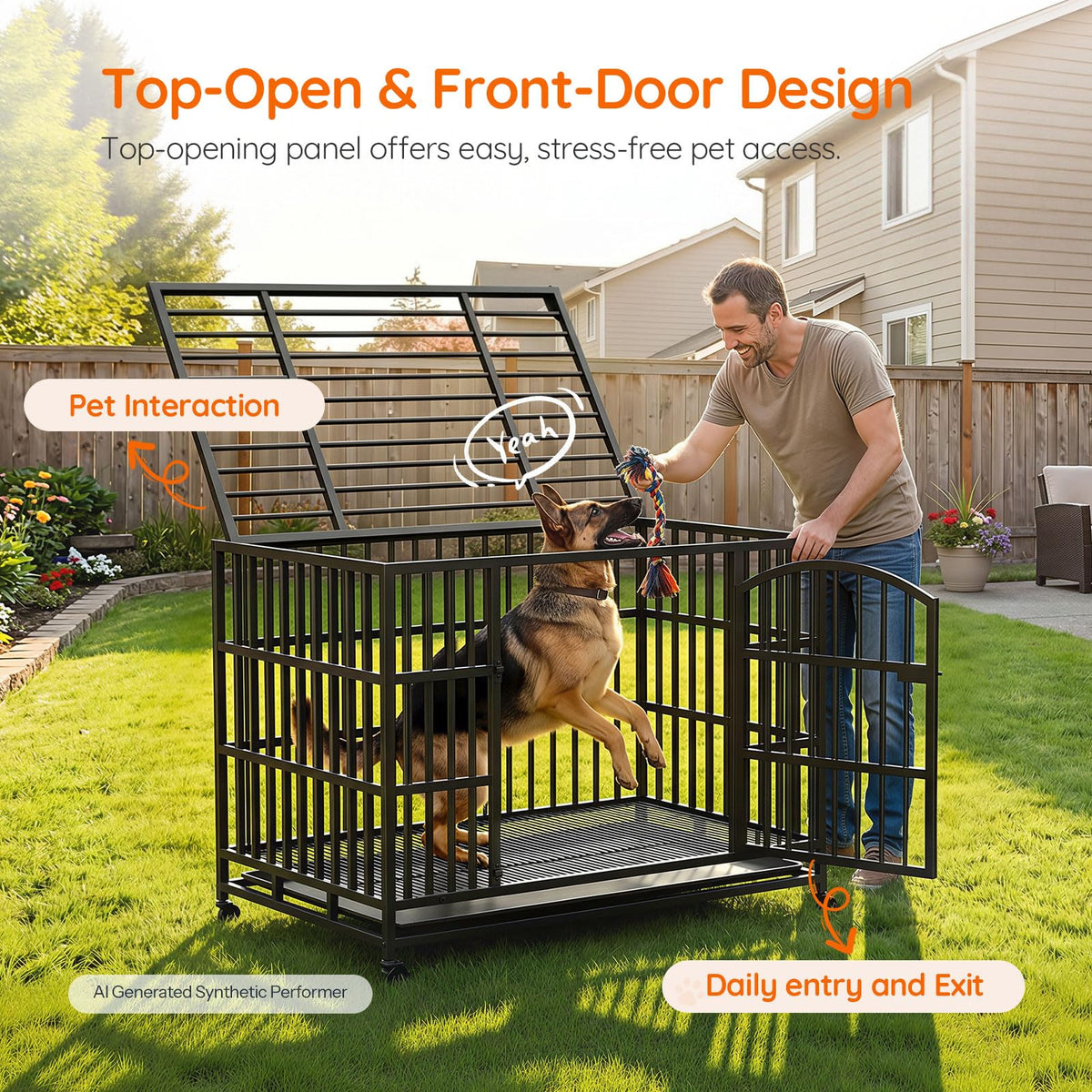 48-Inch Heavy Duty Dog Crate with 2 Doors, Lockable Wheels & Removable Tray, Black S7257