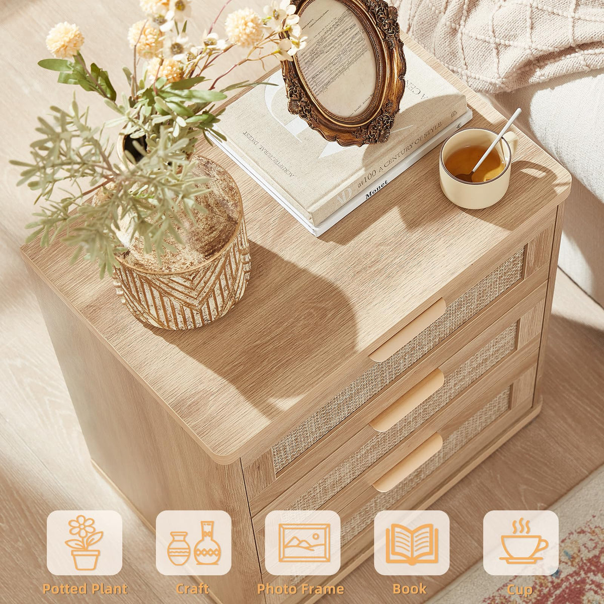 Rattan 23" Nightstands Set of 2 with Drawers N3612