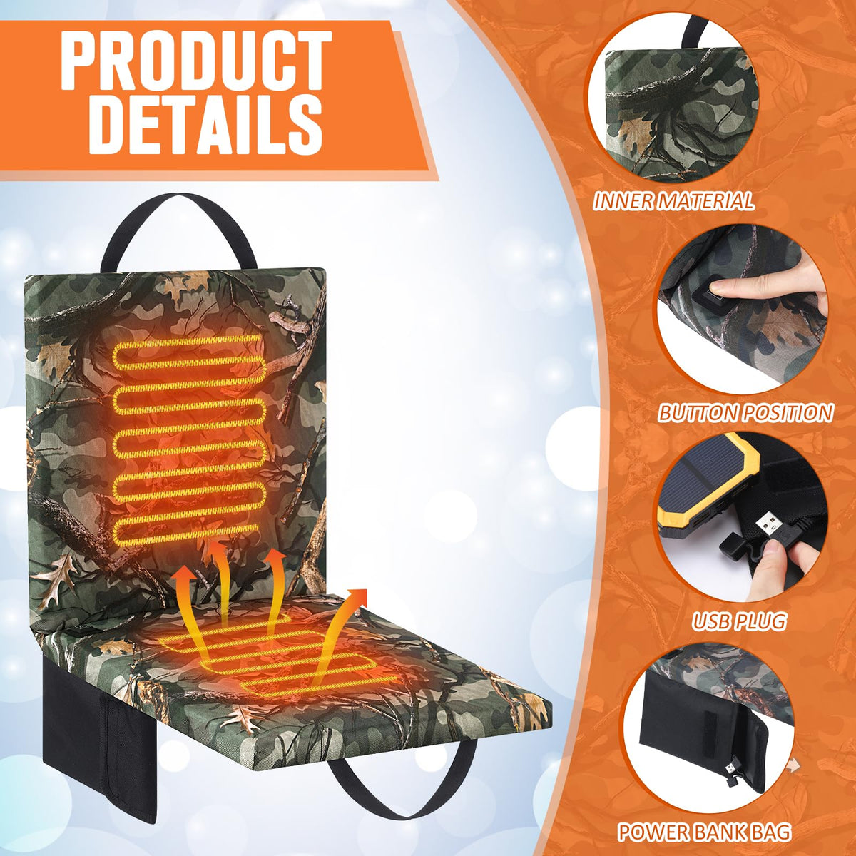 Heated Hunting Seat Cushion with Back Support, Wood Camo, 2 Pcs R768