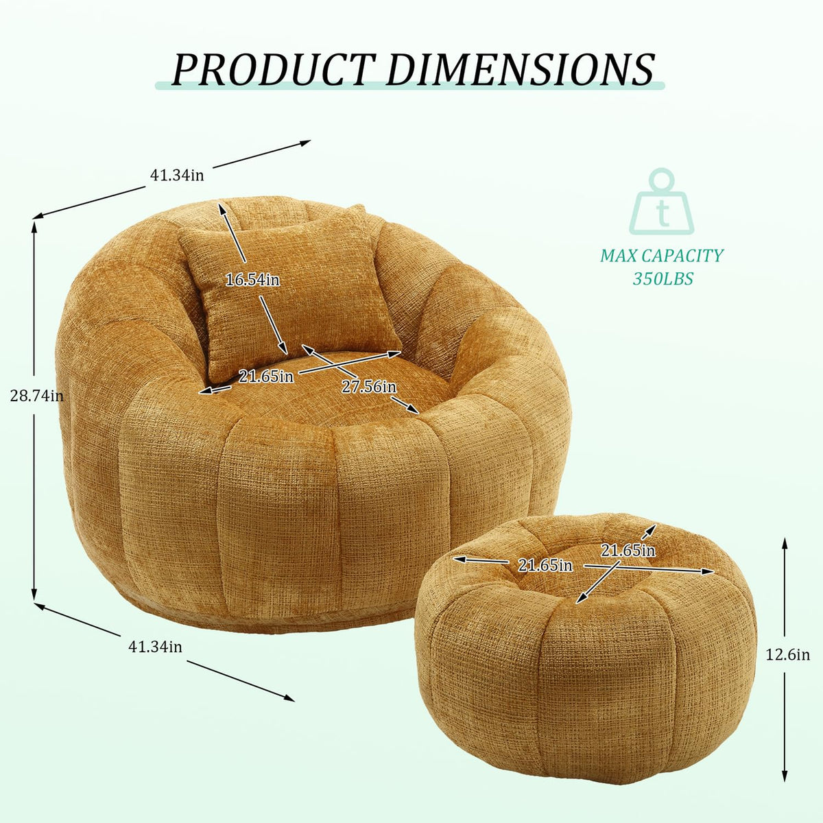 Yellow Chenille Bean Bag Chair with Ottoman and Pillow A7875