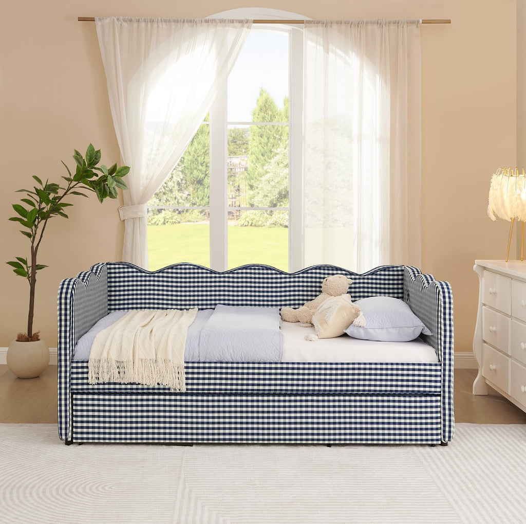 Navy Gingham Linen Upholstered Twin Size Daybed with Trundle C16775